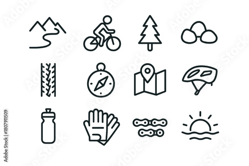 Trail Riding Icons. Trail riding. Line icon set of trail riding: mountain path, biker, tree, rocks, tire track, compass, map, helmet, water bottle, gloves,