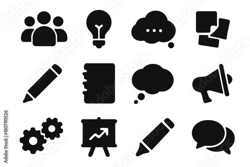 Creative Collaboration Icons. Creative collaboration. Solid icon set of creative collaboration: people group, chat bubble, puzzle piece, gear, lightbulb, hand