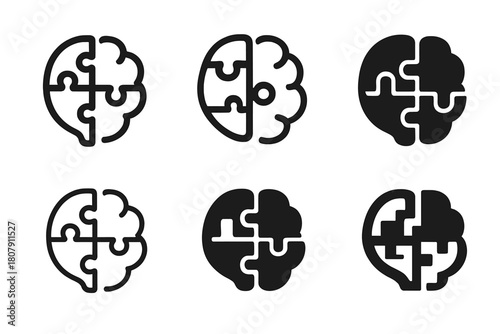 Strategic Brain Logos. Engaging in a strategy game. Icon set. Set Logo of engaging in a strategy game: brain icon merged with puzzle grid. harmonious logo