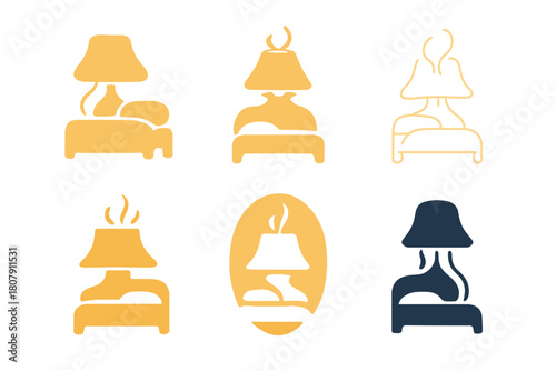 Peaceful Bedroom Logos. A peaceful bedroom with soft, calming colors and scents. Icon set. Set Logo of peaceful bedroom: minimalist nightstand with candle and