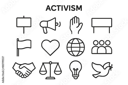 Activism Icon Set. Activism. Line icon set of activism: protest sign, megaphone, raised hand, banner, flag, heart, globe, people group, handshake, scales,
