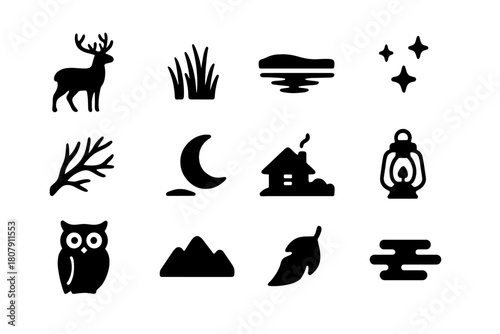 Evening Nature Icons. Evening Nature. Solid icon set of Evening Nature: deer silhouette, tall grass, lake reflection, stars, tree branches, crescent moon,