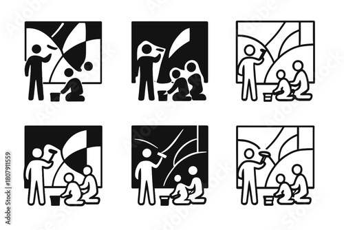 Community Mural Icons. A group of artists working together on a large community mural project. Icon set. Set Logo of Sketch Paper: Design planning. Negative
