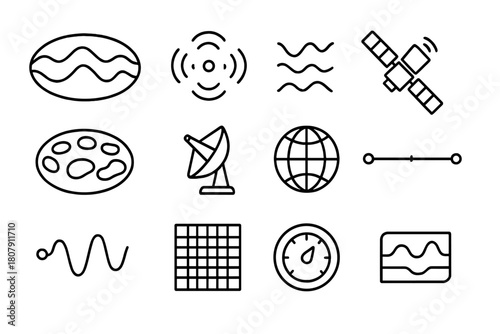 Cosmic Microwave Icons. Cosmic microwave background. Line icon set of cosmic microwave background: wave map, radiation pattern, frequency lines, satellite