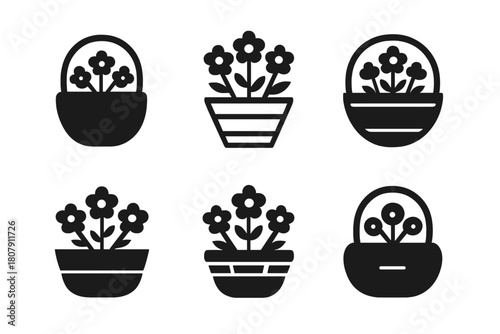 Flower Planting Icons. Planting flowers. Icon set. Set Logo of Planting flowers: Sun above flowers. harmonious logo variations of the same emblematic concept,