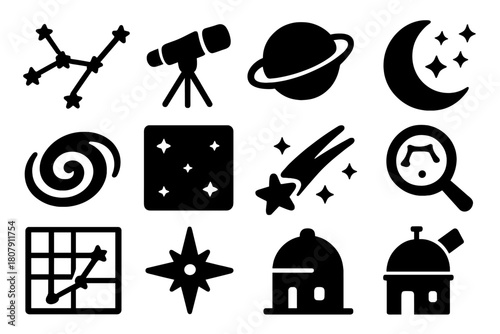 Constellation Icon Set. Constellations. Solid icon set of Constellations: Orion belt, Big Dipper, Cassiopeia, star connection lines, telescope, night sky,