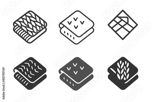 Knitted Baby Blanket Logos. Baby blanket. Icon set. Set Logo of baby blanket: knitted fabric texture. harmonious logo variations of the same emblematic