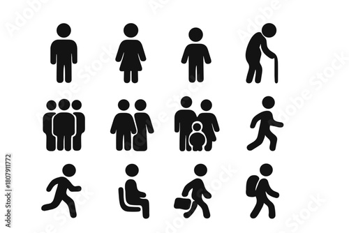 Diverse People Icons. People Icons. Solid icon set of People Icons: man, woman, child, elderly person, group of people, couple, family, person walking, person