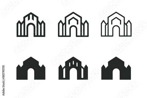 Palisade Logo Set. Palisade. Icon set. Set Logo of Palisade: Wooden stakes. harmonious logo variations of the same emblematic concept (Negative space, Stylized