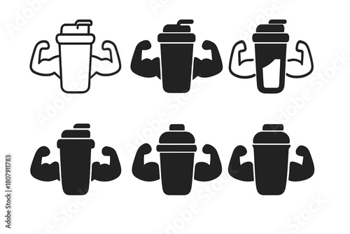 Muscle Building Logos. Muscle building. Icon set. Set Logo of Muscle building: Protein shake bottle. harmonious logo variations of the same emblematic concept,