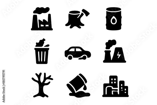 Environmental Impact Icons. Environmental Impact. Solid icon set of Environmental Impact: trash, smoke stack, factory, car, chemical barrel, oil spill,