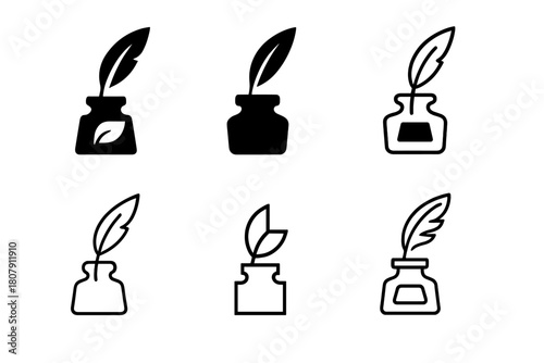 Handmade Fonts Logos. Handmade Fonts. Icon set. Set Logo of Handmade Fonts: ink bottle and quill. harmonious logo variations of the same emblematic concept,