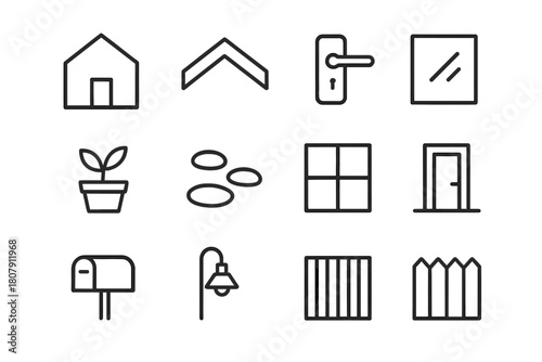 Minimalist Home Icons. Minimalist Home Design. Line icon set of Minimalist Home Design: simple house, clean lines, geometric roof, door handle, glass pane,