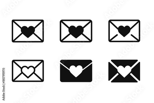 Heart Distance Logos. Distance in relationship. Icon set. Set Logo of distance in relationship: envelope with heart inside. harmonious logo variations of the
