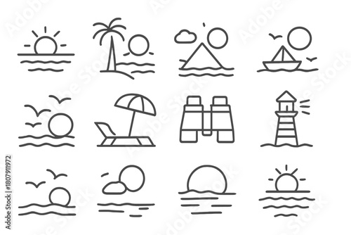 Sunset Icon Set. Sunset scenery. Line icon set of Sunset scenery: horizon, sun, clouds, ocean waves, palm tree, mountain, boat, birds, beach umbrella, deck