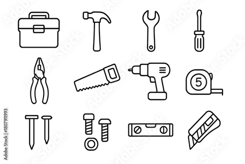 Tool Kit Icon Set. Tool kit essentials. Line icon set of Tool kit essentials: toolbox case, hammer, wrench, screwdriver, pliers, saw, drill, tape measure,