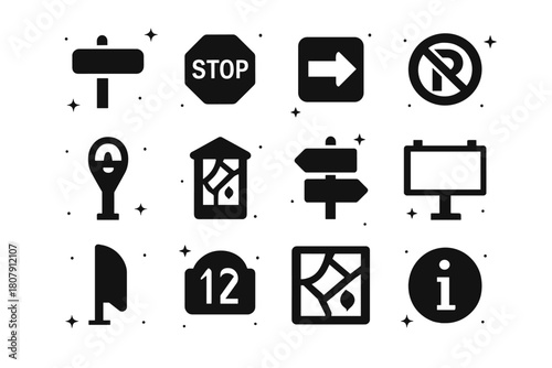 City Signage Icons. City signage and wayfinding. Solid icons set of City signage and wayfinding: street name sign, stop sign, one-way sign, no parking sign,
