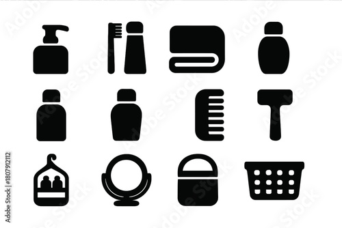 Bathroom Essentials Icons. Bathroom essentials. Line icon set of bathroom essentials: towel, soap bar, toothbrush, toothpaste, shampoo bottle, shower head,