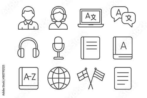 Translation Icons Set. Language translation and interpretation services. Icon set. Set Logo of language translation and interpretation services: headphones