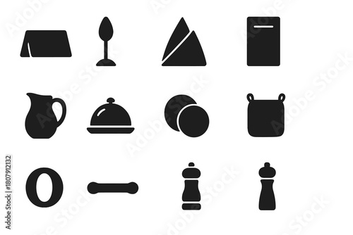 Guest Essentials Icons. Guest Essentials. Solid icon set of Guest Essentials: place card, seat marker, folded napkin, menu card, water pitcher, serving tray,