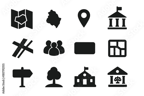 District Icon Set. District. Solid icon set of District: city map, boundary line, location pin, government building, road network, population icon, district