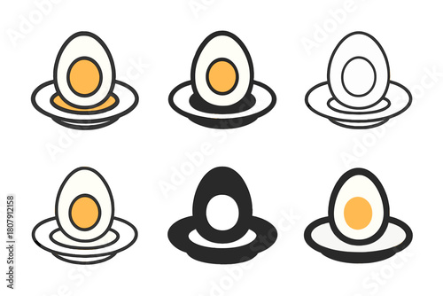 Boiled Egg Icons. Boiled eggs. Icon set. Set Logo of Boiled eggs: Egg on plate. harmonious logo variations of the same emblematic concept, each with different