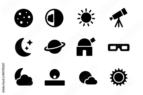 Lunar Eclipse Icons. Lunar Eclipse. Solid icon set of Lunar Eclipse: moon, earth shadow, sun, telescope, stars, crescent moon, planet, observatory, eclipse