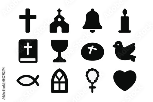 Church Symbol Icons. Church symbols. Solid icon set of church symbols: cross, church building, bell, candle, bible, chalice, bread, dove, fish, window, rosary,