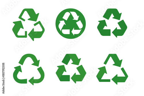 Recycling Logos Grid. waste management. Icon set. Set Logo of waste management: circular recycling arrows. harmonious logo variations of the same emblematic