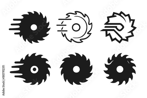 Power Saw Logos. Power saw blade. Icon set. Set Logo of Power Saw Blade: blade combined with electric motor symbol. harmonious logo variations of the same