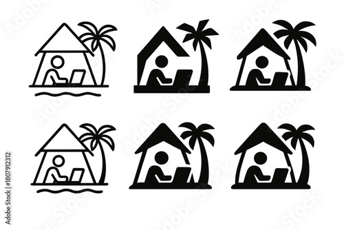 Freelancer Beach Logo Variations. Freelancer working from a tropical location. Icon set. Set Logo of Freelancer working from a tropical location: Beachside
