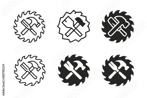 Power Saw Logos. Power saw blade. Icon set. Set Logo of Power Saw Blade: blade combined with electric motor symbol. harmonious logo variations of the same
