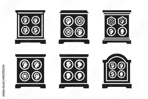 Antique Coin Logos. Starting a Collection of Antique Coins. Icon set. Set Logo of Antique Coin Collecting: treasure chest of coins. harmonious logo variations