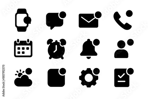 Notification Icons Grid. Notifications. Solid icon set of Notifications: smartwatch, message, email, call, calendar, alarm, bell, social media, weather, app
