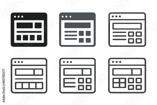 Coding Platform Logos. Online coding platform interface. Icon set. Set Logo of online coding platform interface: web browser with structured layout grid.