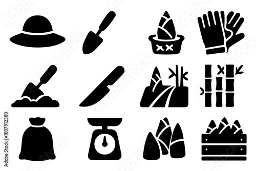 Bamboo Harvest Icons. Harvesting bamboo shoots. Solid icon set of Harvesting bamboo shoots: farmer hat, digging tool, bamboo shoot basket, garden gloves, soil