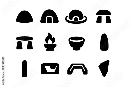 Ancient Burial Icons. Ancient Burial Site. Solid icon set of Ancient Burial Site: stone circle, cairn, burial mound, sarcophagus, offering bowl, clay pot,