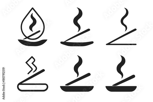 Aromatherapy Logo Variations. Aromatherapy. Icon set. Set Logo of aromatherapy: burning incense stick emitting soothing smoke. harmonious logo variations of