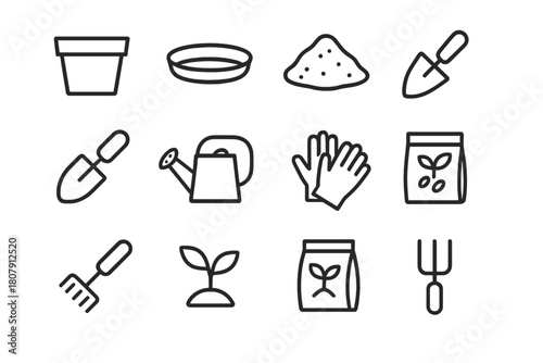 Gardening Tools Icon Set. Gardening pot. Line icon set of Gardening pot: plant pot, soil, saucer, trowel, shovel, watering can, gardening gloves, seeds packet,