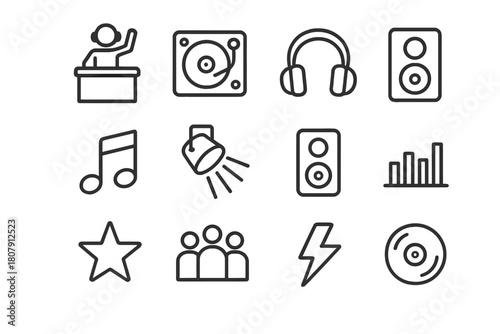Electronic Music Icons. Electronic Music Festival. Line icon set of Electronic Music Festival: DJ booth, turntable, headphones, music note, light beam,