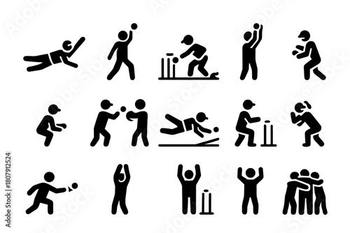 Cricket Fielding Icons. Fielding Actions. Solid icon set of Fielding Actions: dive save, direct hit, run out, catch, slip catch, relay throw, boundary stop,