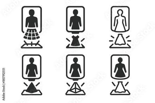 Augmented Fashion Icons. Augmented reality fashion. Icon set. Set Logo of augmented reality fashion: digital fitting room with 3D projection. harmonious logo