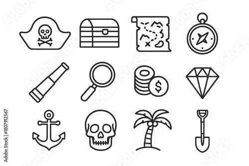 Pirate Icon Collection. Pirate adventure. Line icon set of pirate adventure: pirate hat, treasure chest, map, compass, telescope, magnifying glass, gold coins,
