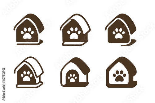 Pet-Friendly Home Icons. Pet-friendly home ideas. Icon set. Set Logo of pet-friendly home ideas: pet bed and blanket corner. harmonious logo variations of the