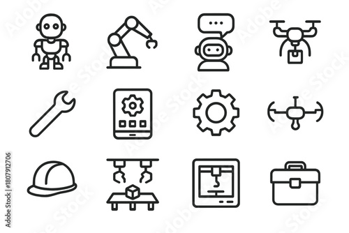 Collaborative Robot Icons. Collaborative robots. Line icon set of Collaborative robots: humanoid robot, robotic arm, AI assistant, conveyor belt, wrench,