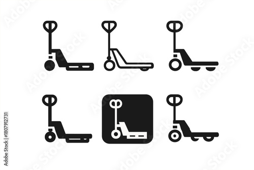 Pallet Jack Logos. Material handling at industrial sites. Set Logo of Material handling at industrial sites: Pallet jack. Icon set. harmonious logo variations
