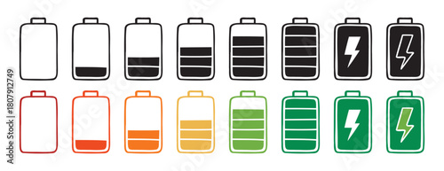 battery indicator color and black charge doodle hand drawn icon set. Outline drawing line clipart symbol collection