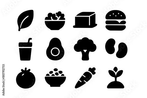Plant-Based Food Icons. Plant-based food. Solid icon set of Plant-based food: leaf, salad bowl, tofu block, veggie burger, smoothie glass, avocado, broccoli,