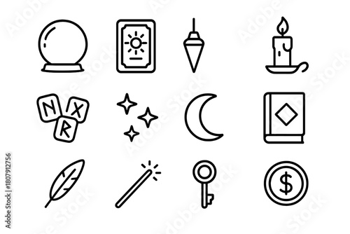 Divination Icon Grid. Divination tools. Line icon set of divination tools: crystal ball, tarot card, pendulum, candle, runes, stars, moon, book, feather, wand,