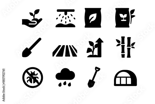 Bamboo Agriculture Icons. Bamboo agriculture. Solid icon set of Bamboo agriculture: planting seedling, irrigation system, compost bag, fertilizer icon, hoe